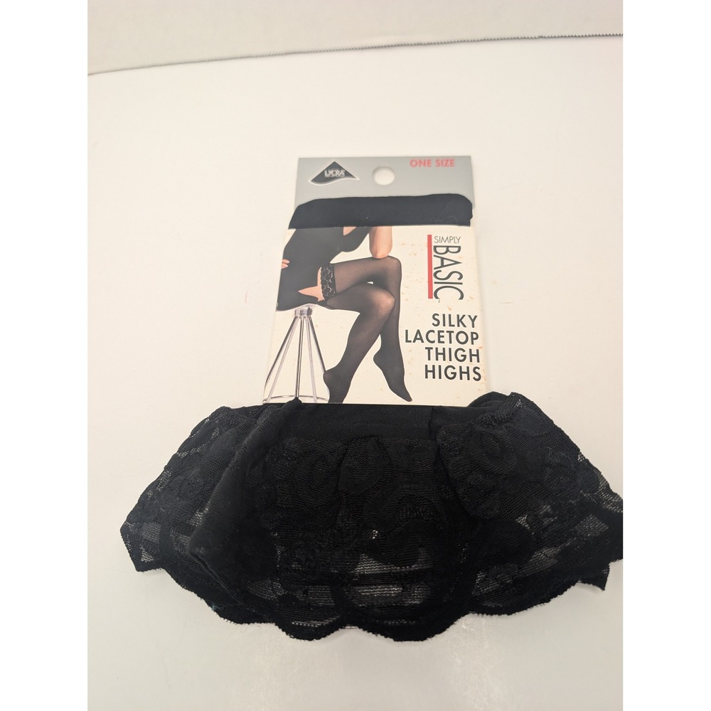 Simply Basic Black Lace Top Thigh High Stockings One Size Lycra Spandex 1765